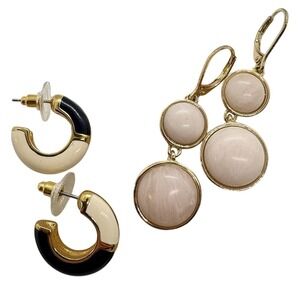 Lot of 2 Vintage Monet Earrings Gold Tone Black Cream Enamel Hoops Pink Moonglow